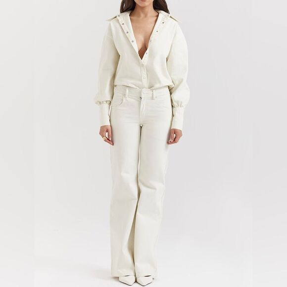 House of CB MARLI Ivory Wide Leg Flared Jeans size XS- Regular leng/ NWOT - Picture 5 of 5